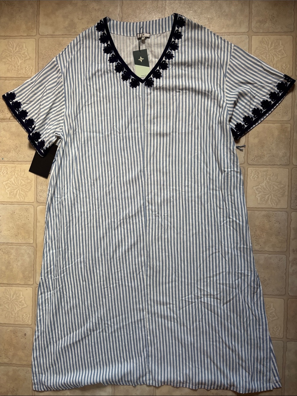 NWT Tuckernuck Blue & White Vertical Stripe Embroidered Caftan Women’s XXL